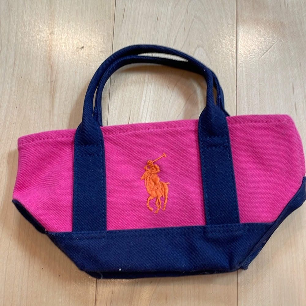 Ralph Lauren mini tote bag pink and navy with orange stitched polo logo